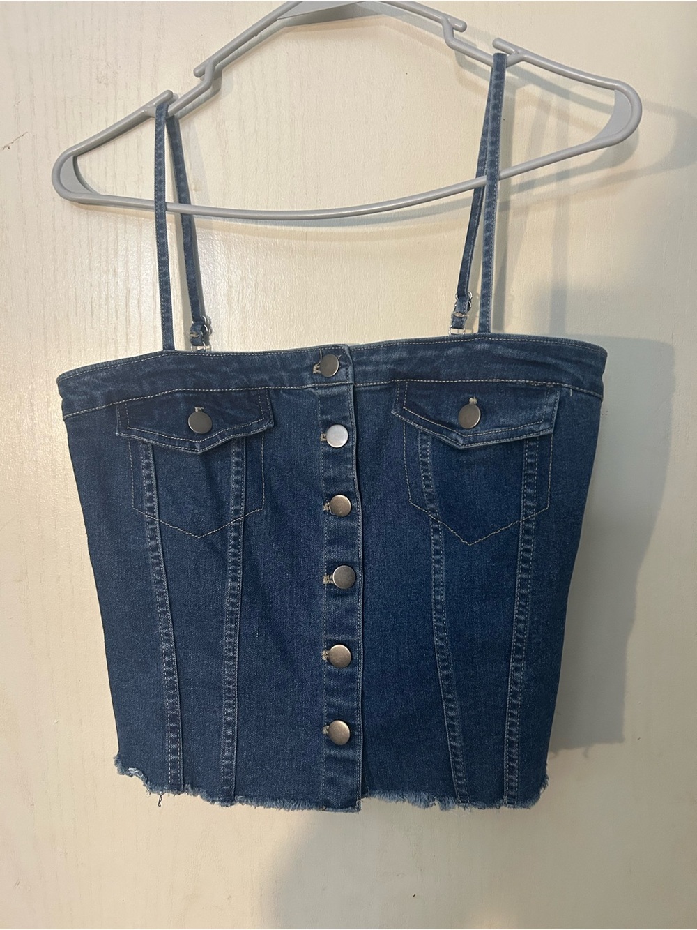 Dark Blue Denim Button-Front Crop Cami -  Women's